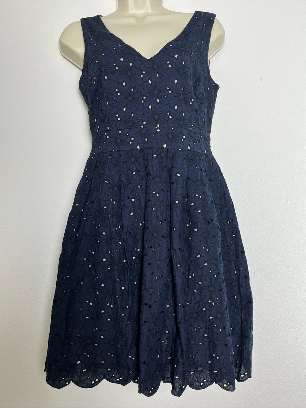 Karl Lagerfeld Coquette Eyelet Midi Dress Fit Flare Navy Blue Cotton Sz S